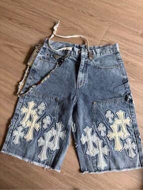 Men's Blue Denim Jean Shorts with Cross Appliqué